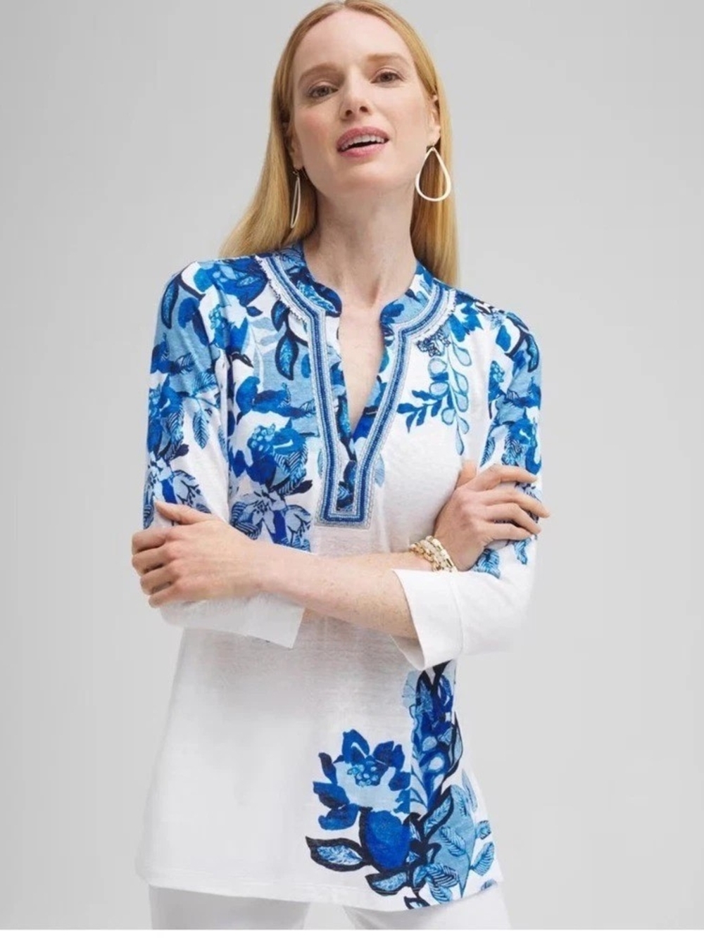 Chico's Linen Azure Floral Embellished Tunic Top Size 3/ XL